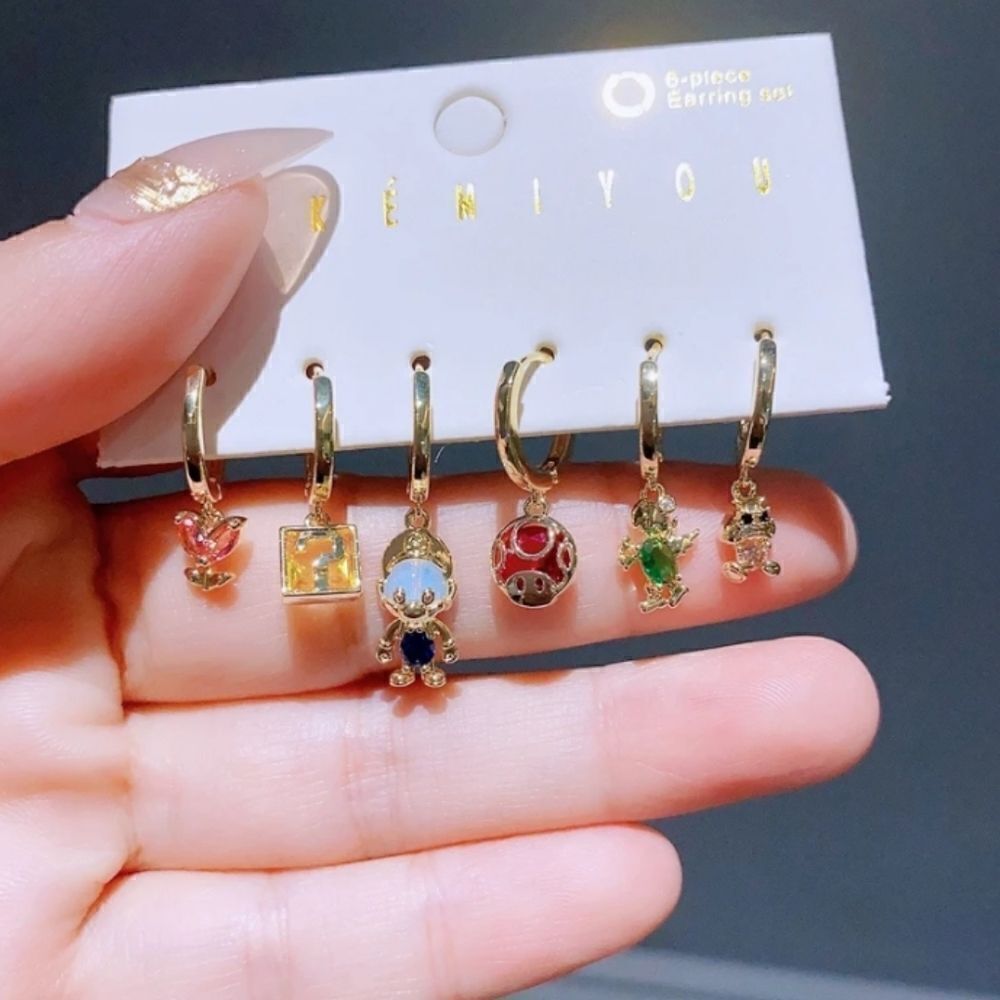 14K Gold Plated Super Mario Bros Nintendo Huggie Hoop Dangle Mismatched …